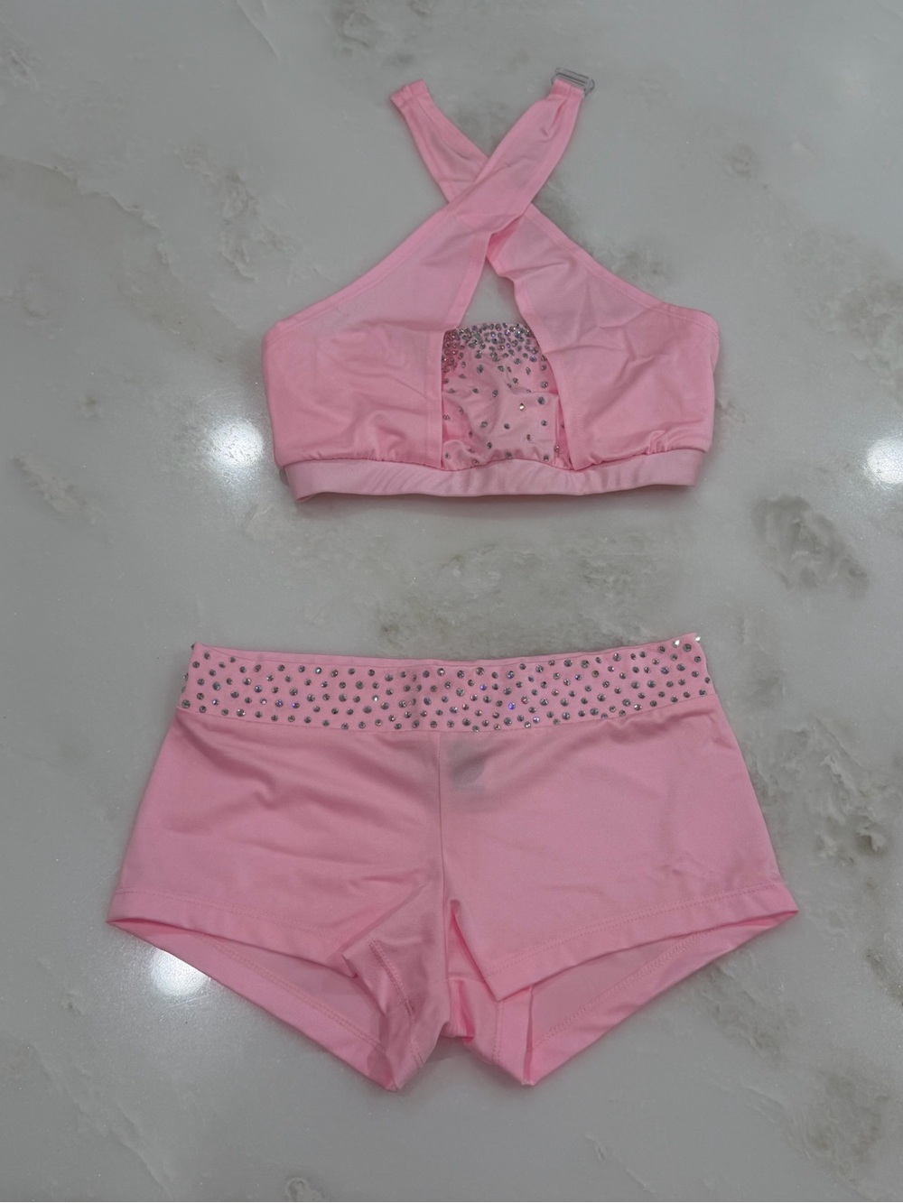 Soft Pink Dallaswear Halter Neck Rhinestone Top & Shorts NFL Dance Audition Set